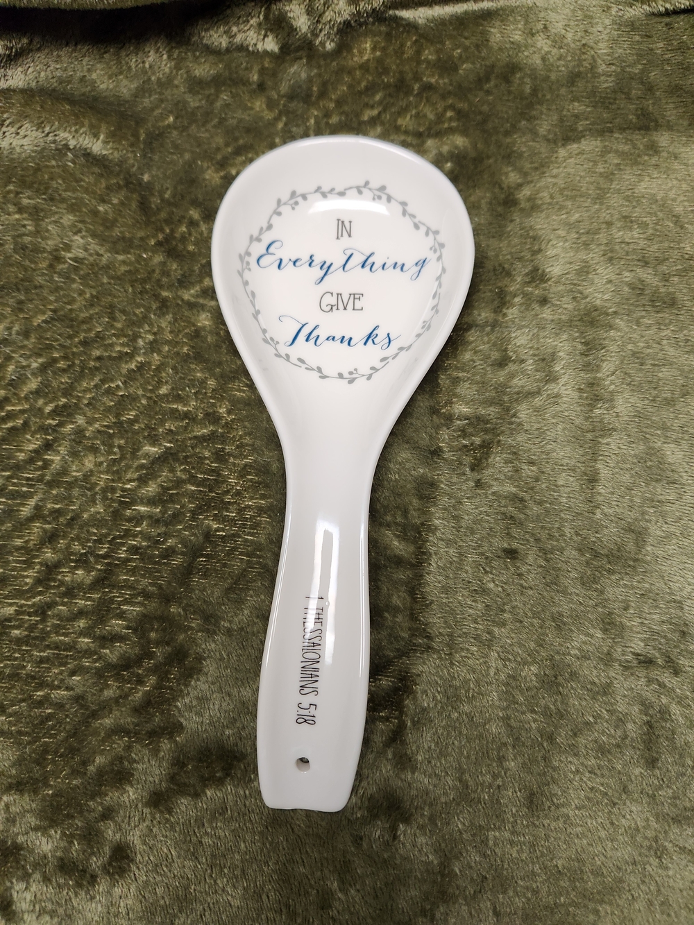 White Ceramic Spoon Rest with Blue Script Message